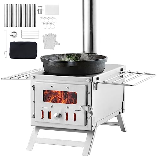 VEVOR Wood Stove, 80 inch, Stainless Steel Camping Tent Stove, Portable Wood Burning Stove with Chimney Pipes & Gloves, 700in³Firebox Hot Tent Stove for Outdoor Cooking and Heating with 8 Pipes