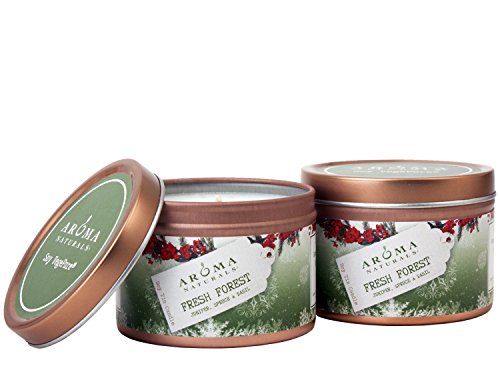 Aroma Naturals Tin Candle Soy Essential Oil with Juniper, Spruce and Basil, Natural Evergreen Holiday, 2 Count (23494)