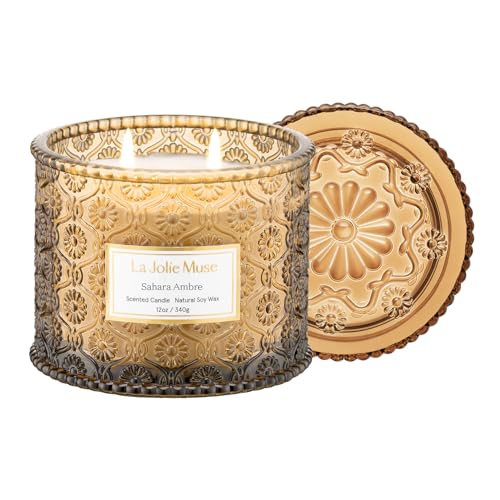 LA JOLIE MUSE Amber Candle, Scented Candles for Home, Large 2-Wick Soy Candles, Candle Gifts for Women & Men, Luxury Jar Candles, 60 Hours Long Burning, Sahara Ambre, 12oz